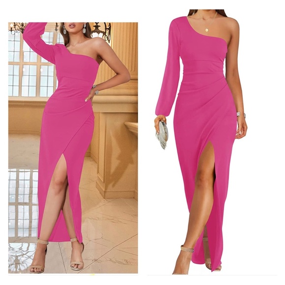 One Shoulder Long Sleeve Sexy High Slit Ruched Bodycon Wedding Party Maxi Dress - Picture 1 of 5